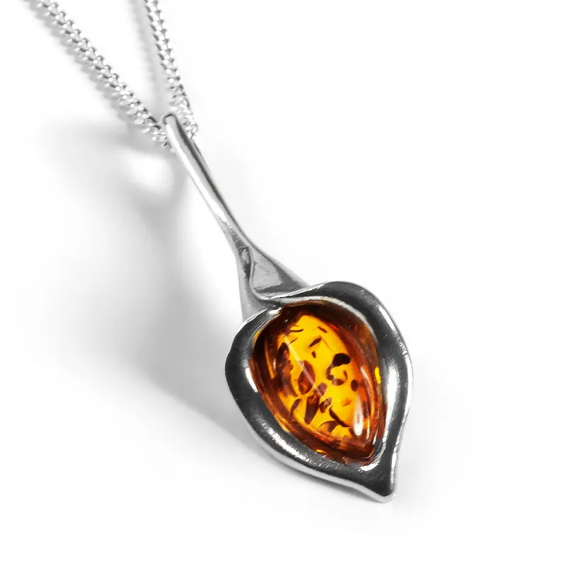 Lily Flower Necklace in Silver and Amber sold by Henryka