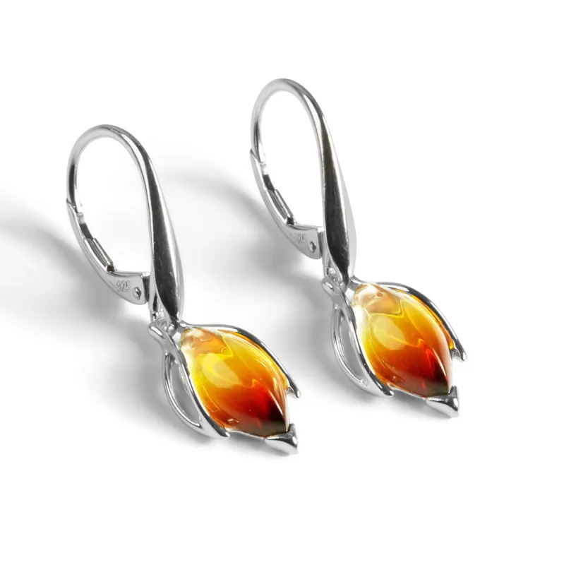 Sunset Amber Flower Bud Drop Earrings Silver and Amber sold by Henryka