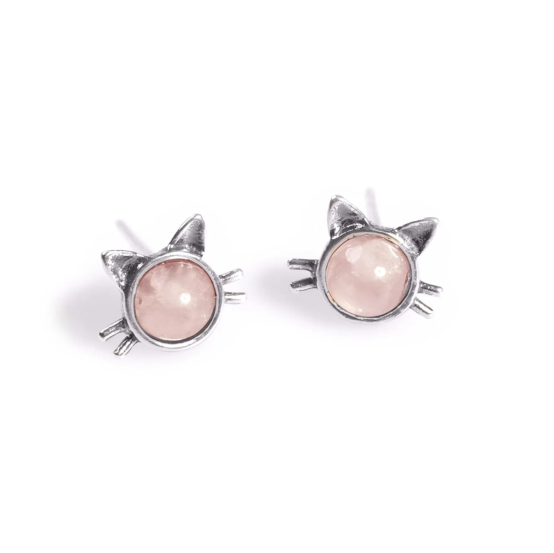 FREE GIFT | Cute Cat Face Stud Earrings in Silver and Rose Quartz sold by Henryka