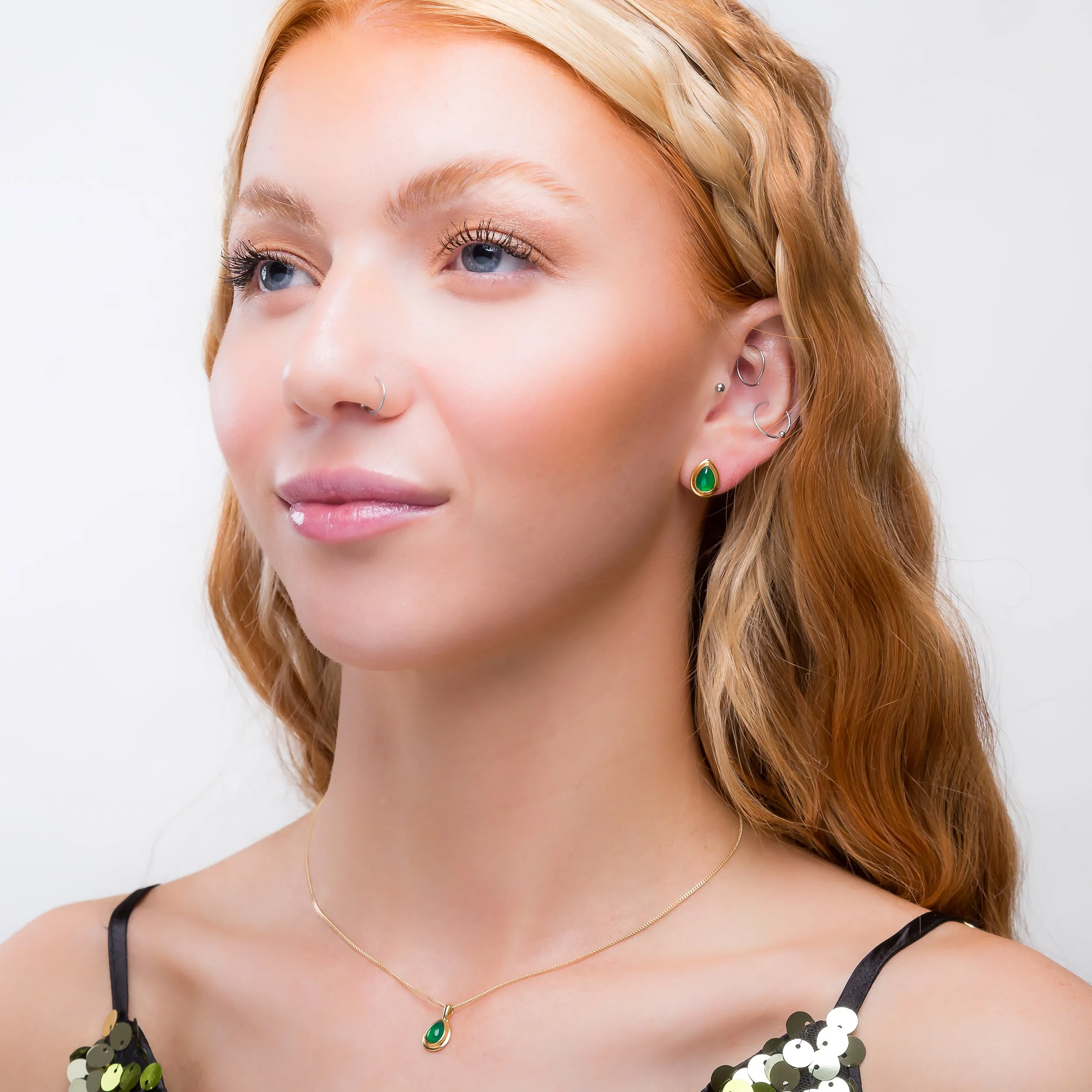 Classic Teardrop Stud Earrings in 24ct Gold Plated and Green Onyx sold by Henryka product image thumbnail 3