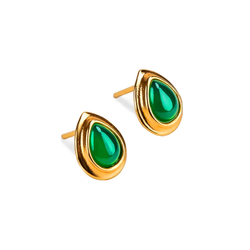 Classic Teardrop Stud Earrings in 24ct Gold Plated and Green Onyx sold by Henryka