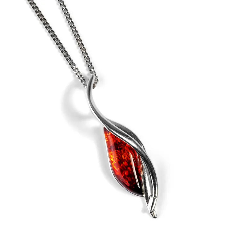 Elegant Leaf Shaped Necklace in Silver and Amber sold by Henryka