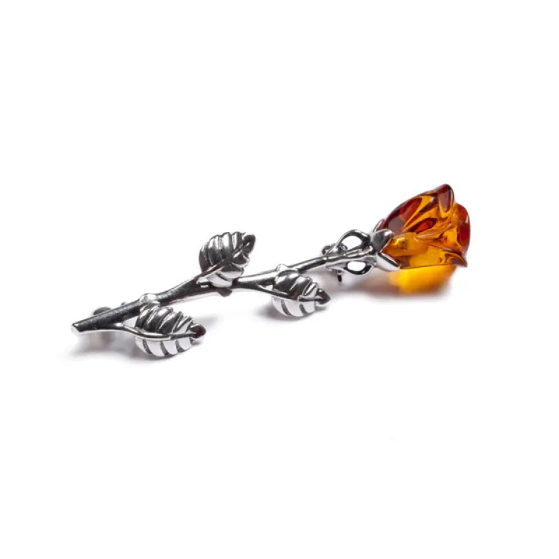 Single Stem Rose Brooch in Silver and Cognac Amber sold by Henryka