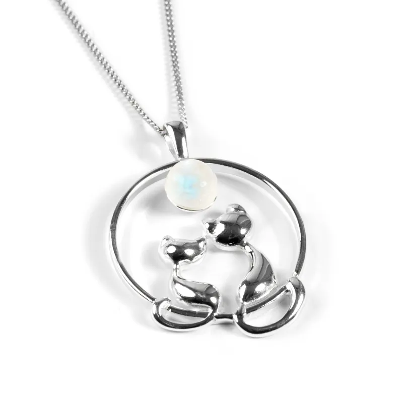 Cuddling Cats Necklace in Silver and Moonstone sold by Henryka