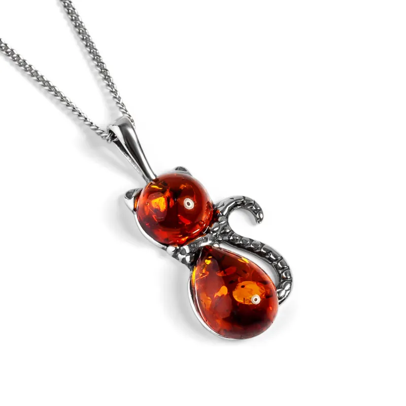 Cute Cat Necklace in Cognac Amber & Silver sold by Henryka