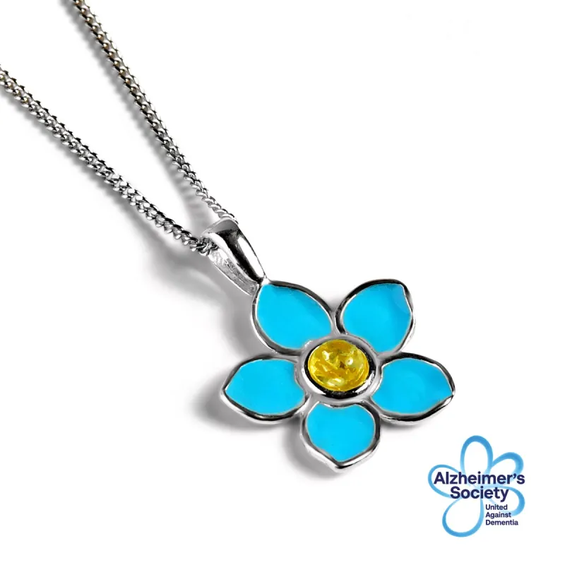 Handpainted Forget Me Not Necklace in Silver and Yellow Amber sold by Henryka