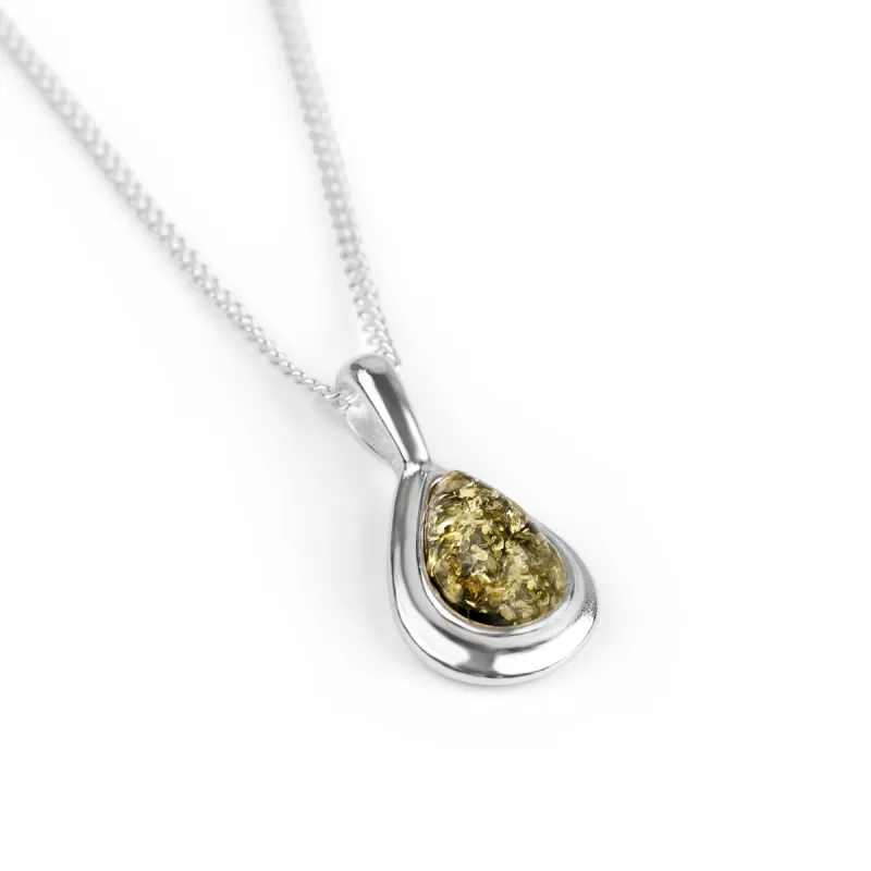 Classic Teardrop Necklace in Silver and Green Amber sold by Henryka