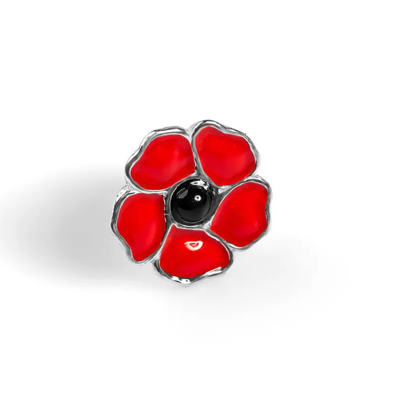 Hand-Painted Poppy Flower Pin in Silver and Amber sold by Henryka
