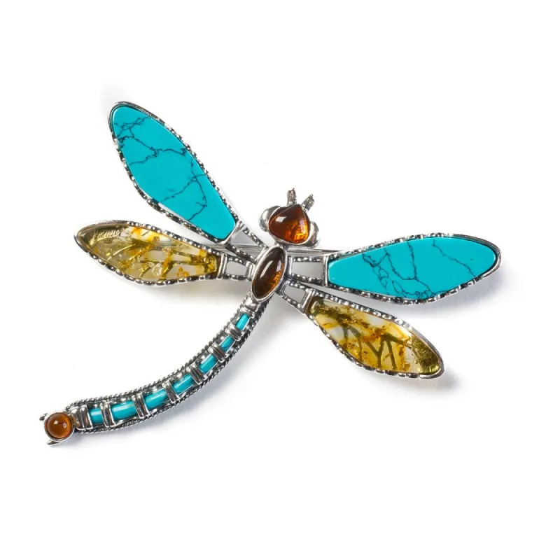Exotic Dragonfly Brooch in Silver, Turquoise and Yellow Amber sold by Henryka