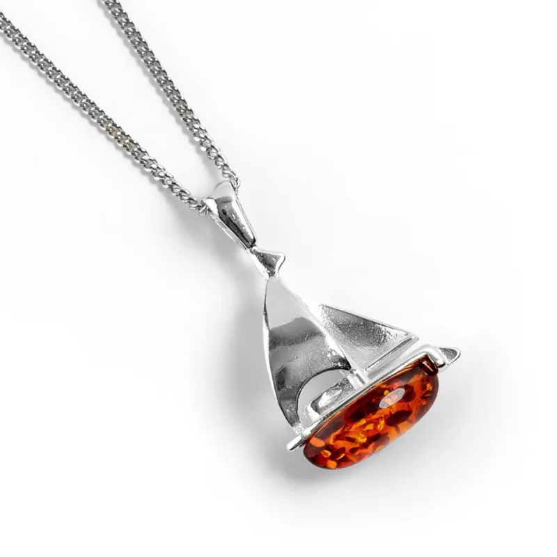 Sailboat / Boat / Yacht Necklace in Silver & Amber sold by Henryka