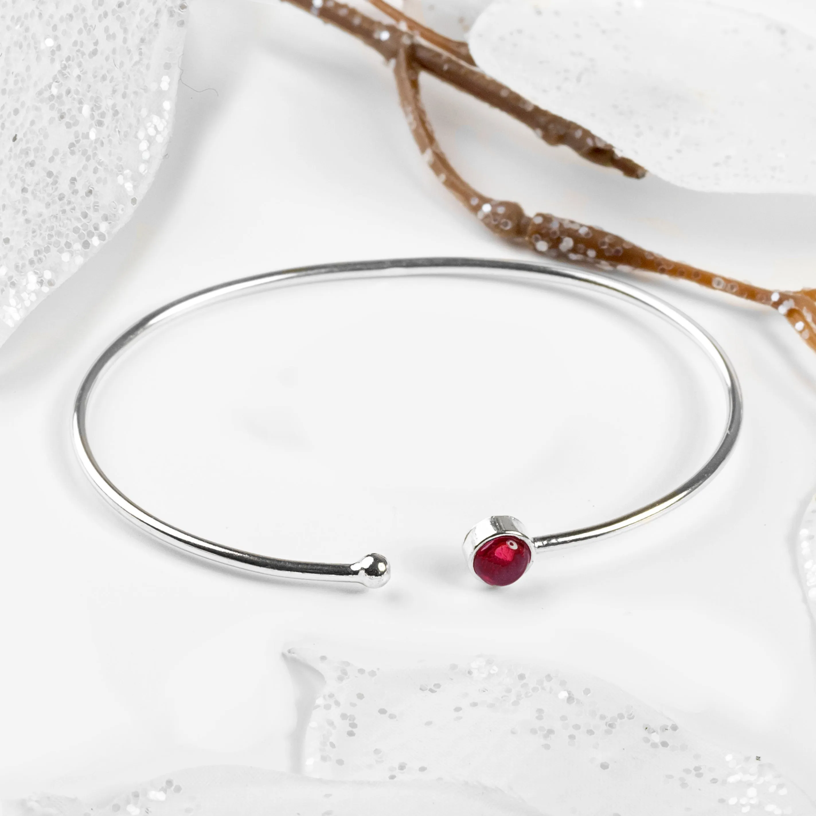 Simple Solo Cuff Bangle in Silver and Garnet sold by Henryka product image thumbnail 4