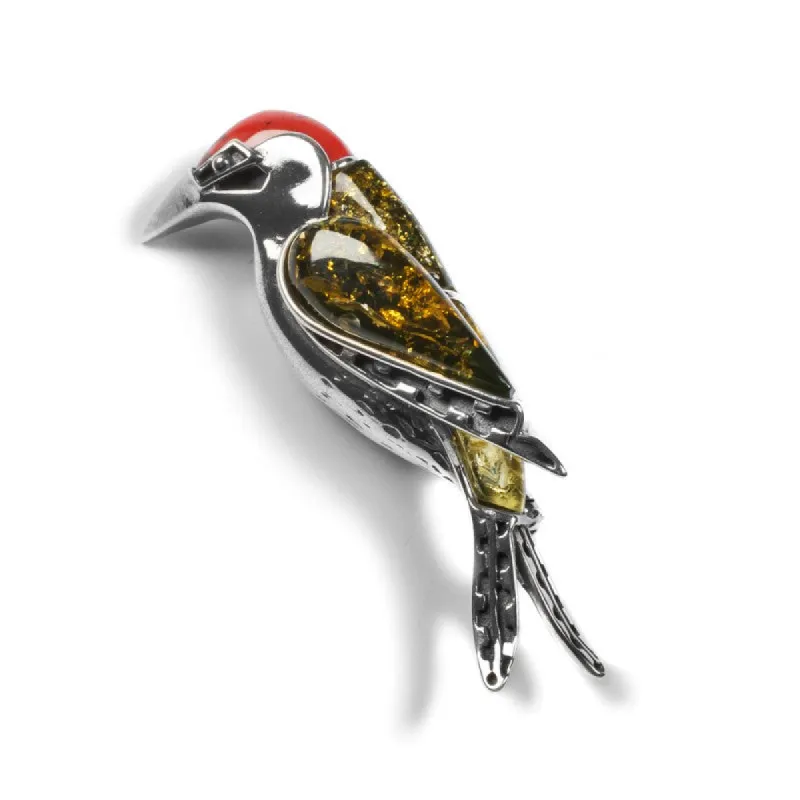 Large Green Woodpecker Bird Brooch in Silver, Coral and Amber sold by Henryka