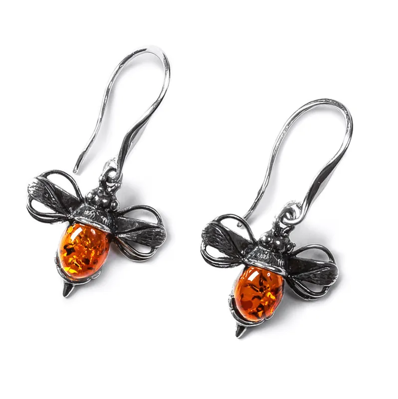 Bumblebee Drop Earrings in Silver and Cognac Amber sold by Henryka