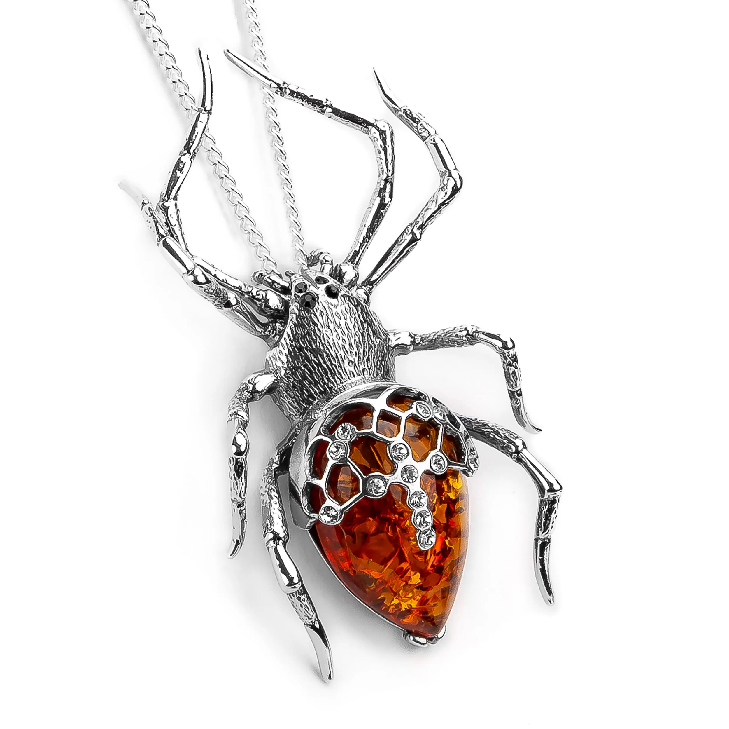 Spooky Spider Necklace in Silver and Cognac Amber sold by Henryka