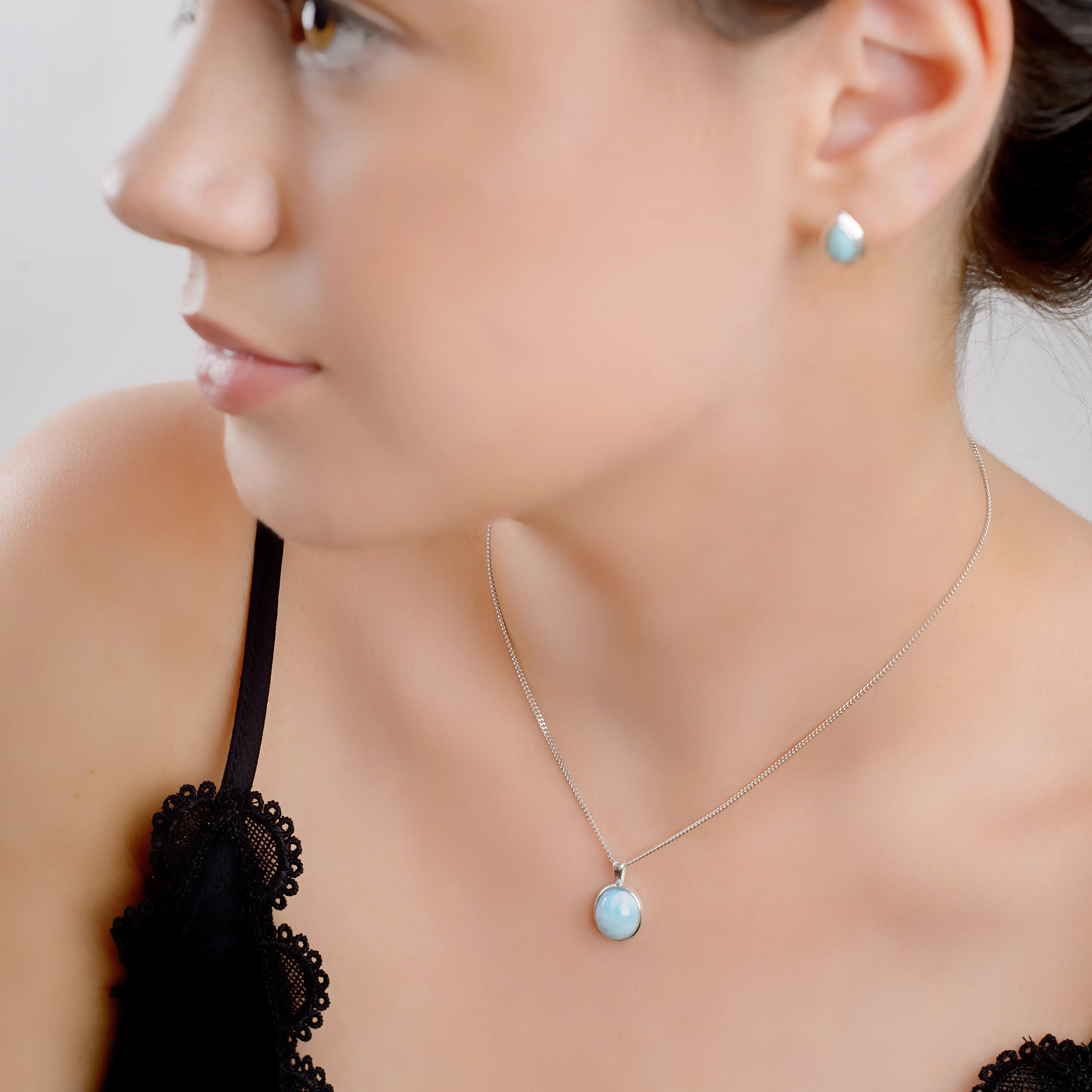 Classic Oval Necklace in Silver and Larimar sold by Henryka product image thumbnail 3