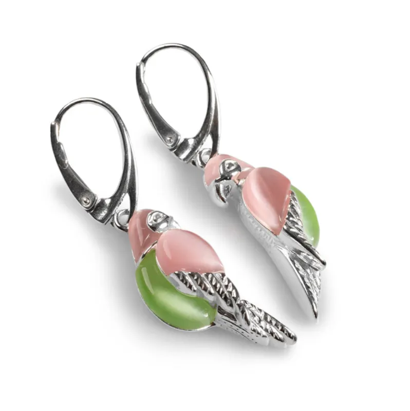 Tropical Pink and Green Parrot Earrings in Silver sold by Henryka