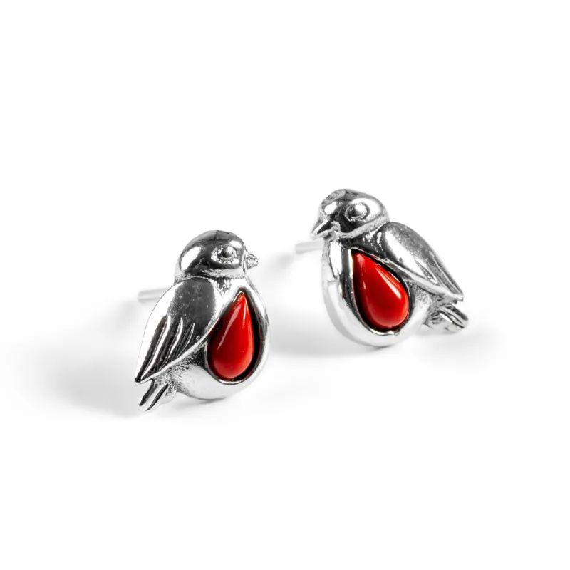 Miniature Robin Stud Earrings in Silver and Coral sold by Henryka