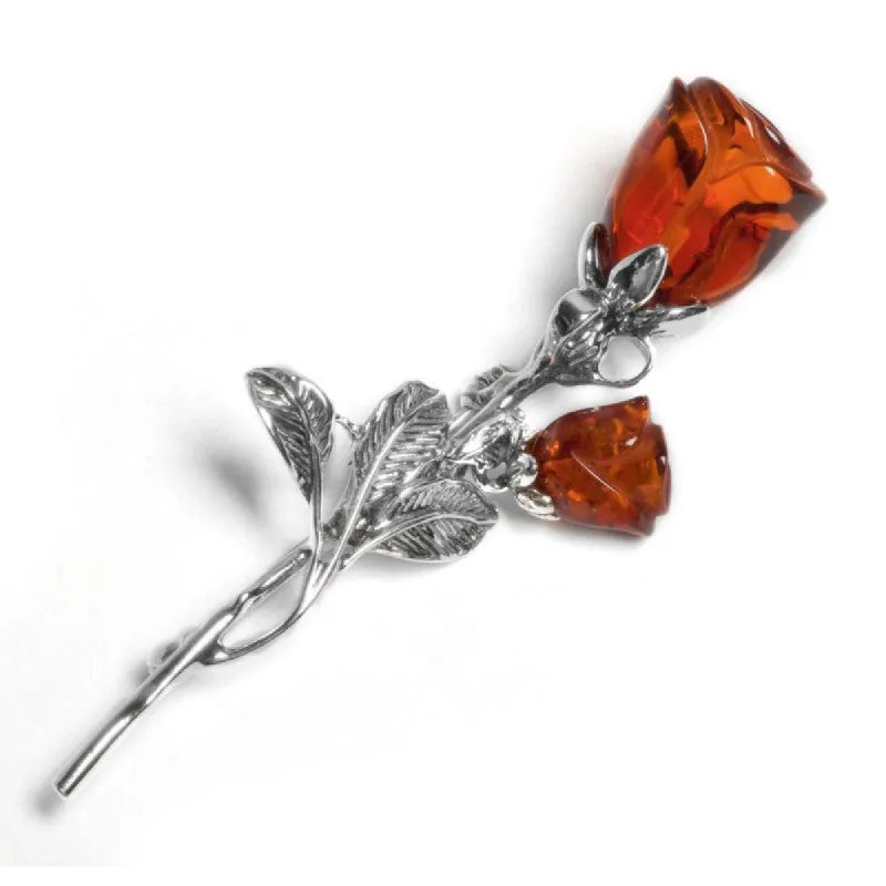 Romantic English Rose Flower Brooch in Silver and Cognac Amber sold by Henryka