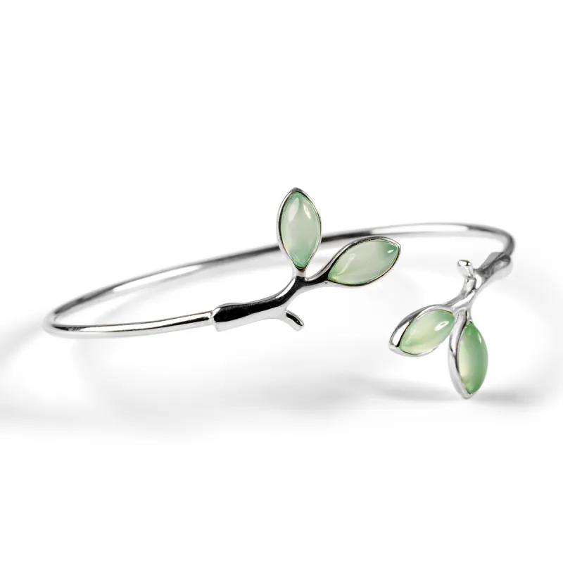 Simple Olive Leaf Branch Bangle in Silver and Prehnite sold by Henryka