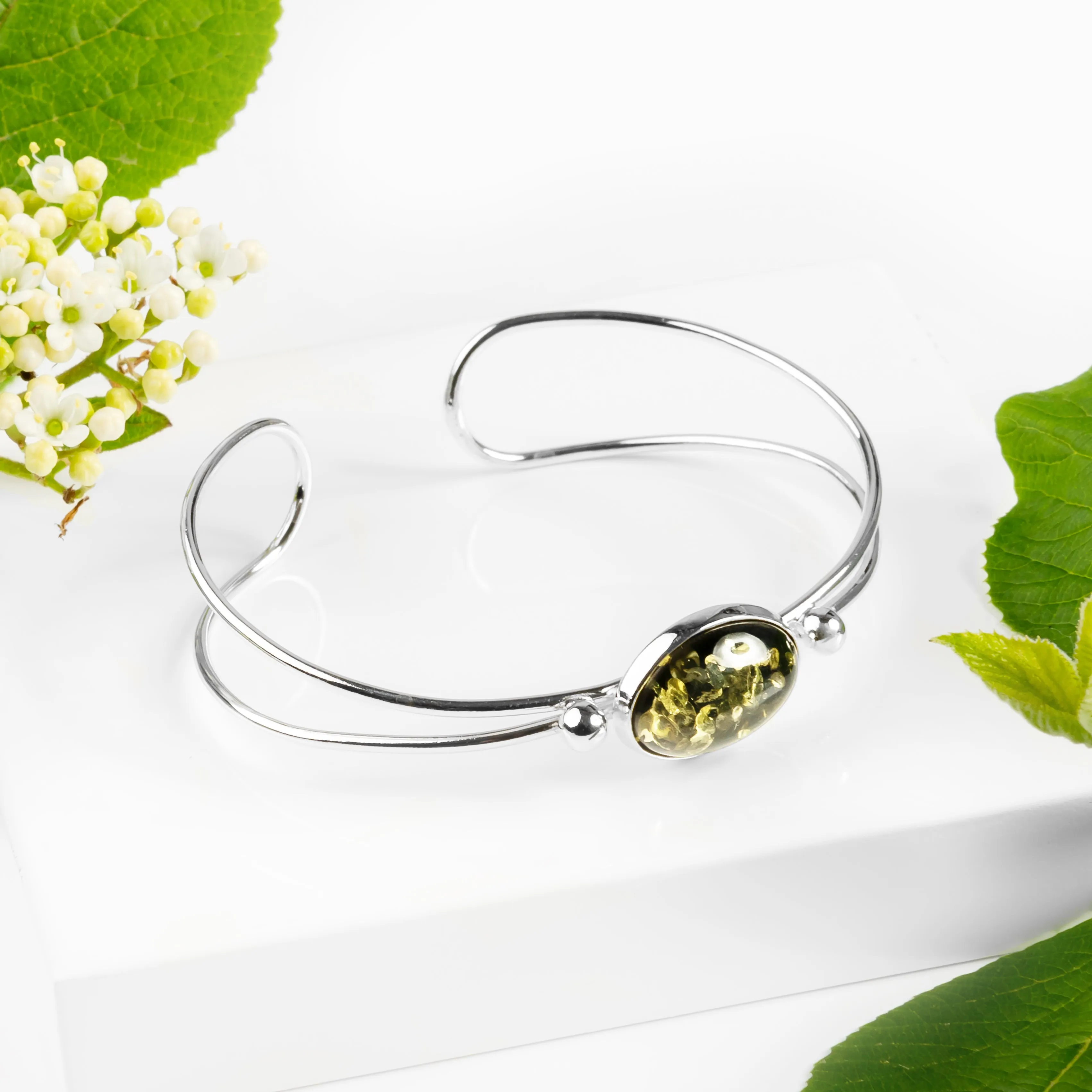Oval Bangle in Silver with Green Amber Stone sold by Henryka product image thumbnail 4
