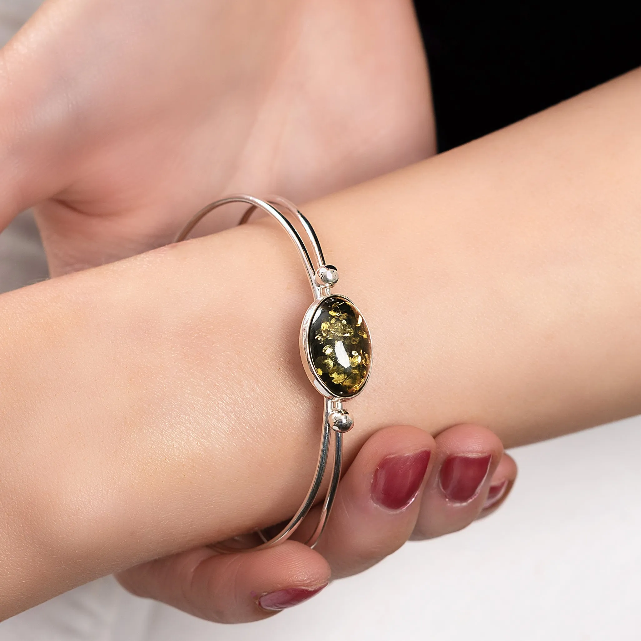 Oval Bangle in Silver with Green Amber Stone sold by Henryka product image thumbnail 3