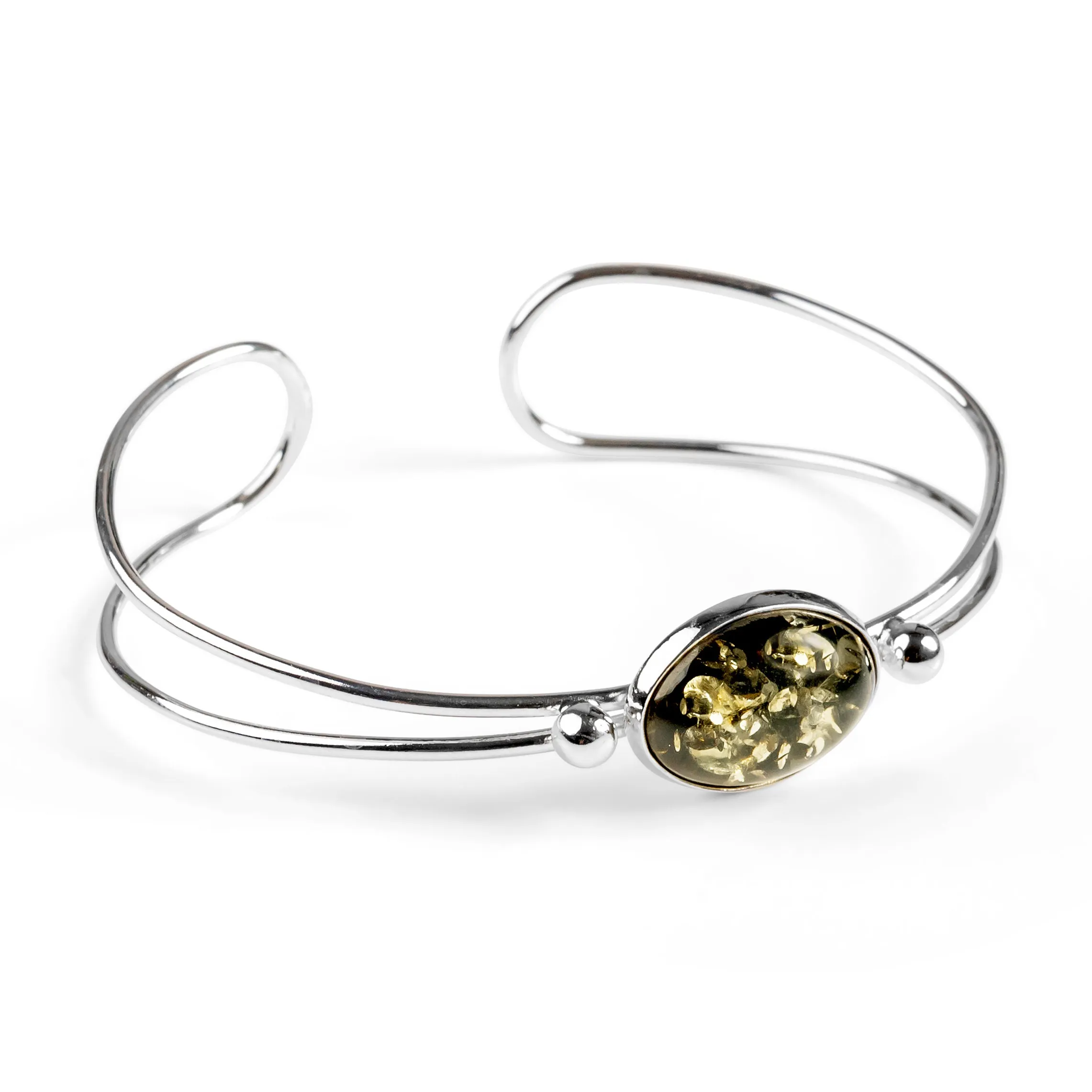 Oval Bangle in Silver with Green Amber Stone sold by Henryka