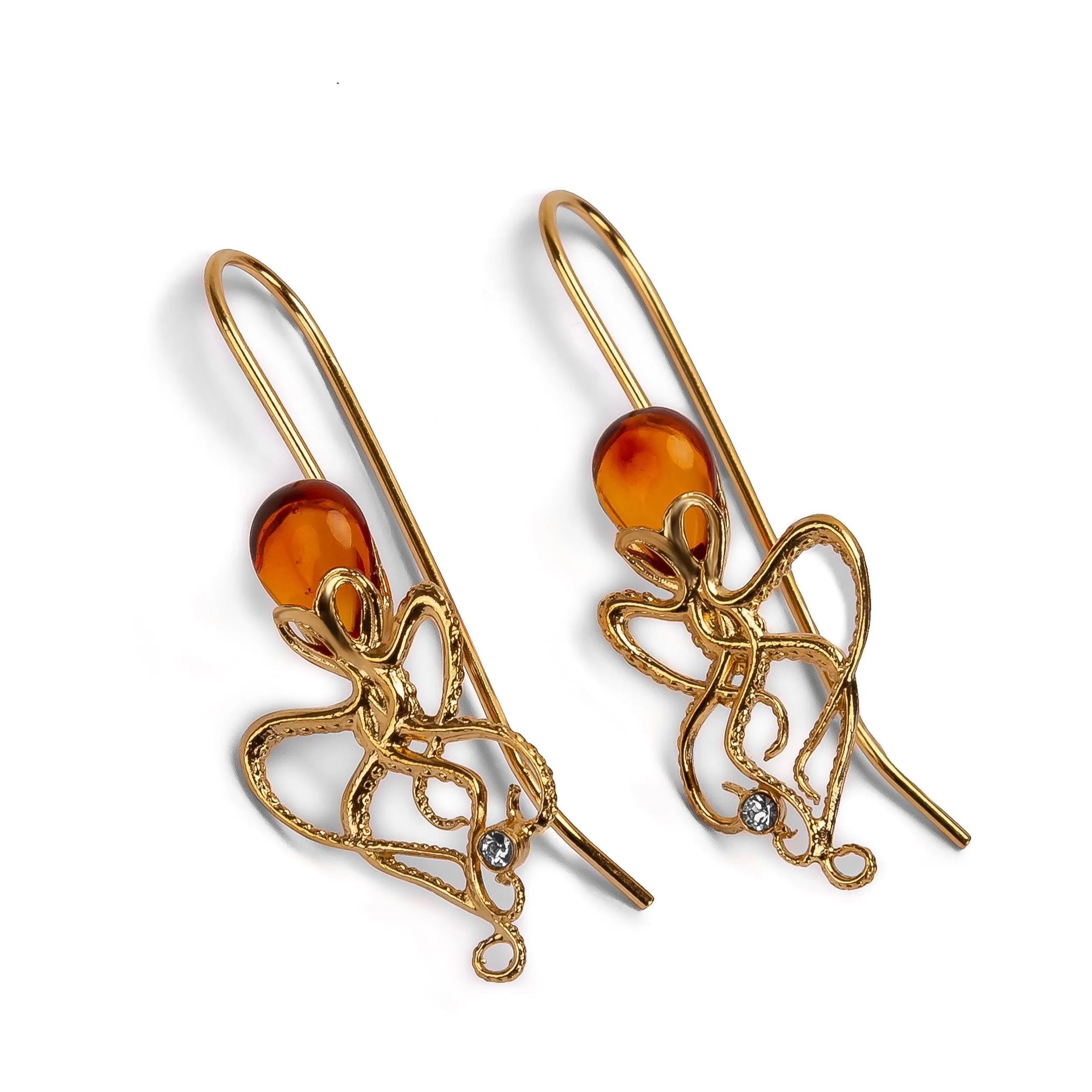 Octopus Earrings in Silver with 24ct Gold & Amber sold by Henryka