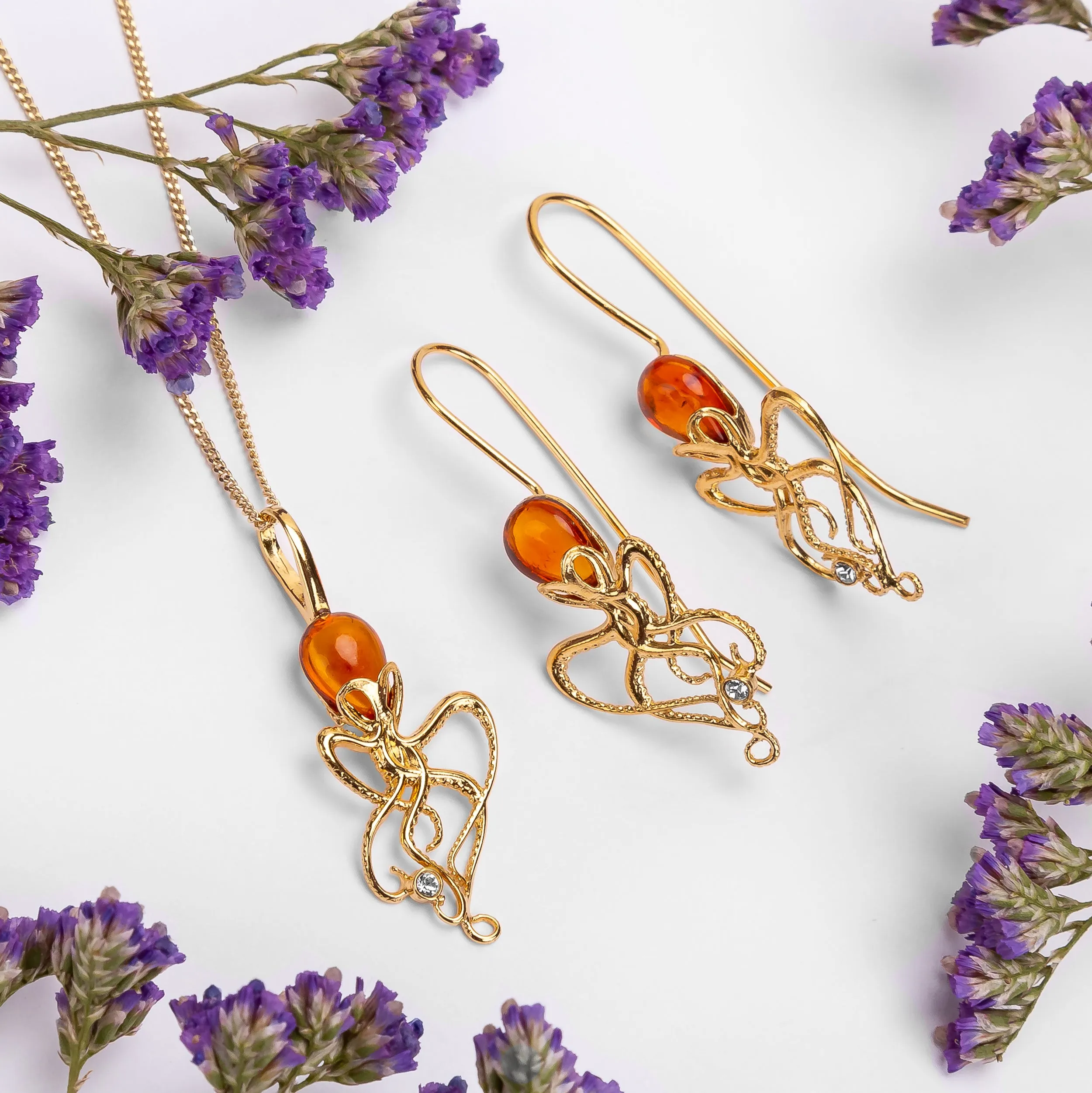 Octopus Earrings in Silver with 24ct Gold & Amber sold by Henryka product image thumbnail 4