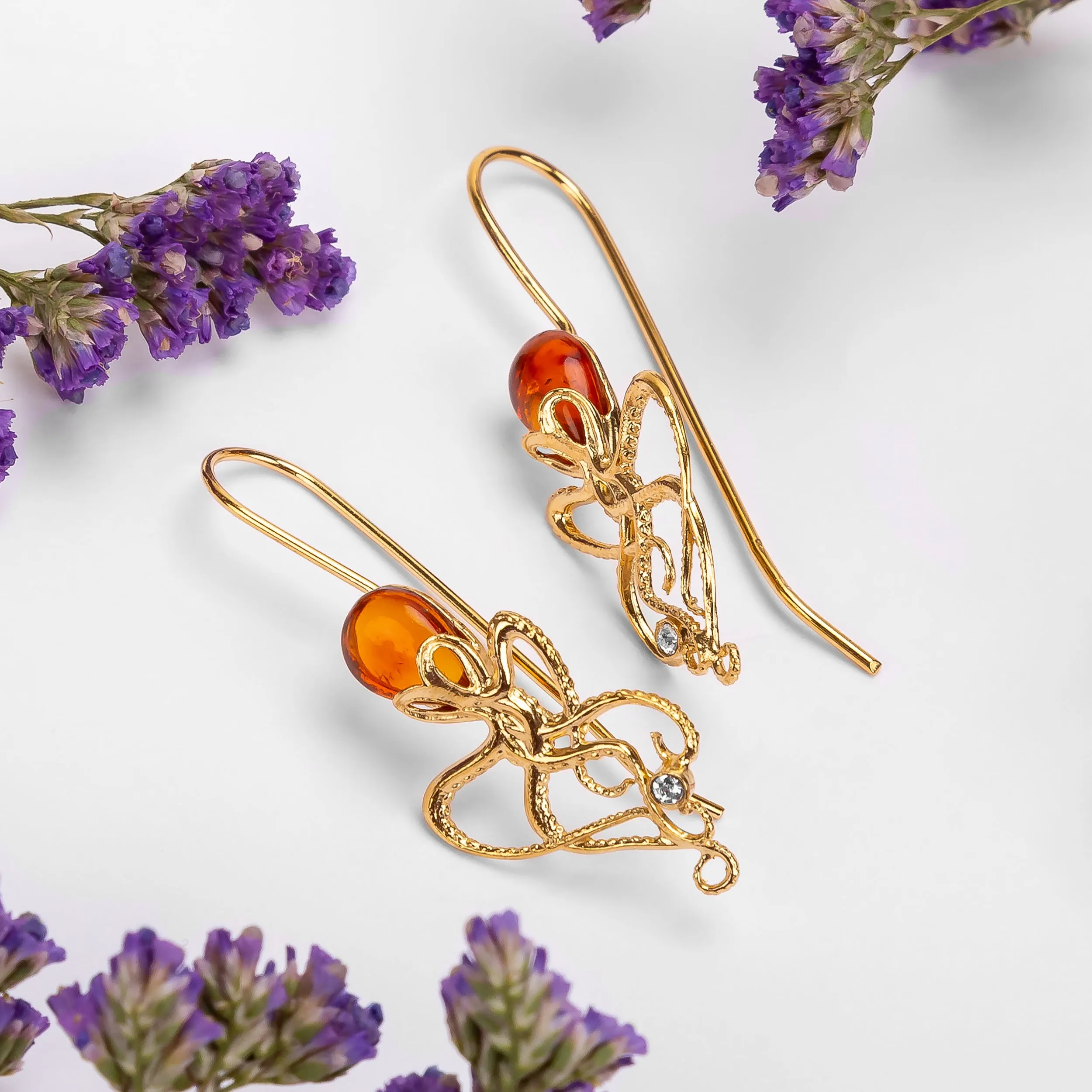 Octopus Earrings in Silver with 24ct Gold & Amber sold by Henryka product image thumbnail 2