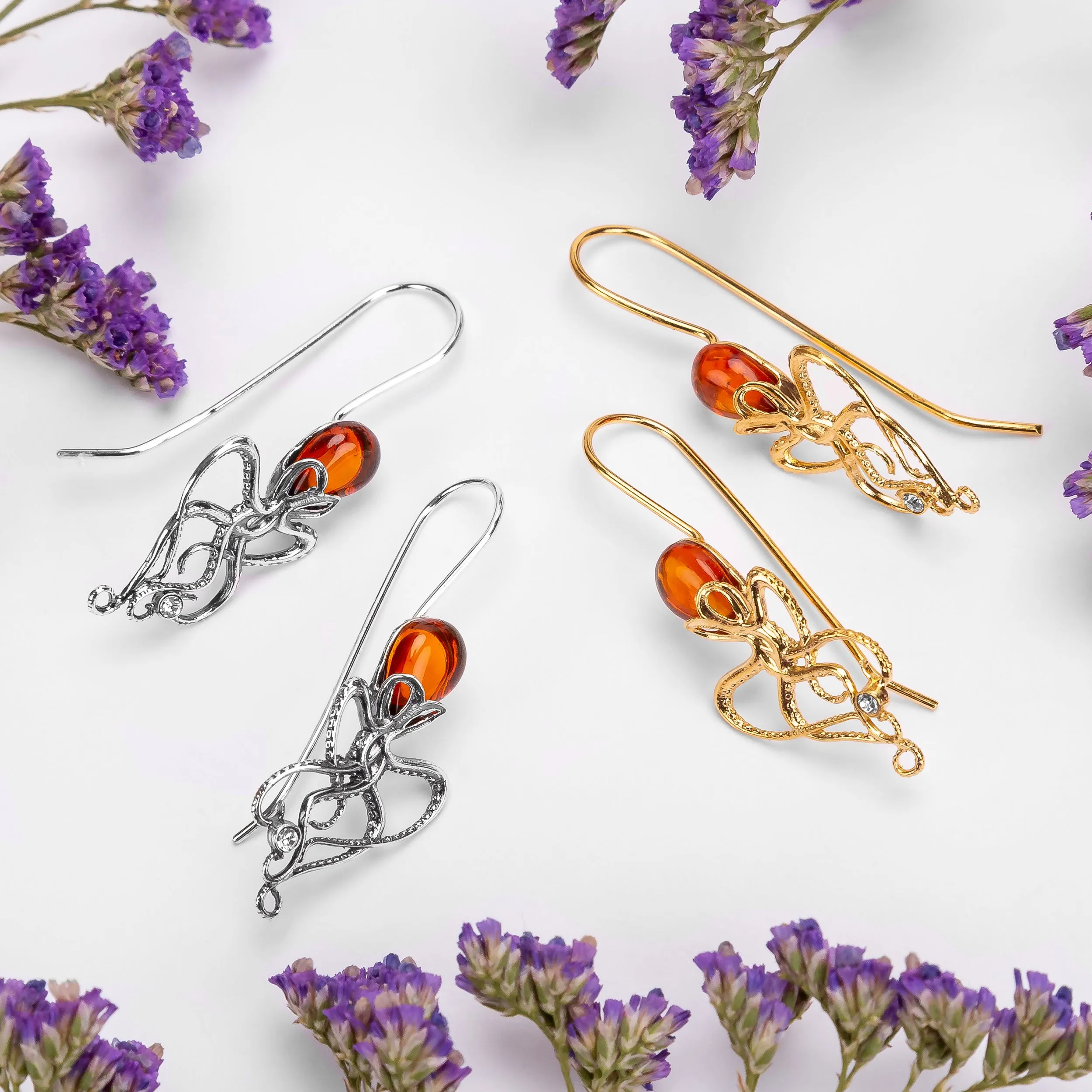 Octopus Earrings in Silver with 24ct Gold & Amber sold by Henryka product image thumbnail 3