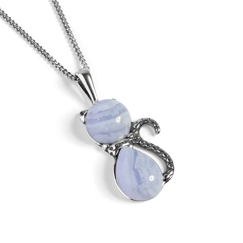 Cute Cat Necklace in Blue Lace Agate & Silver sold by Henryka
