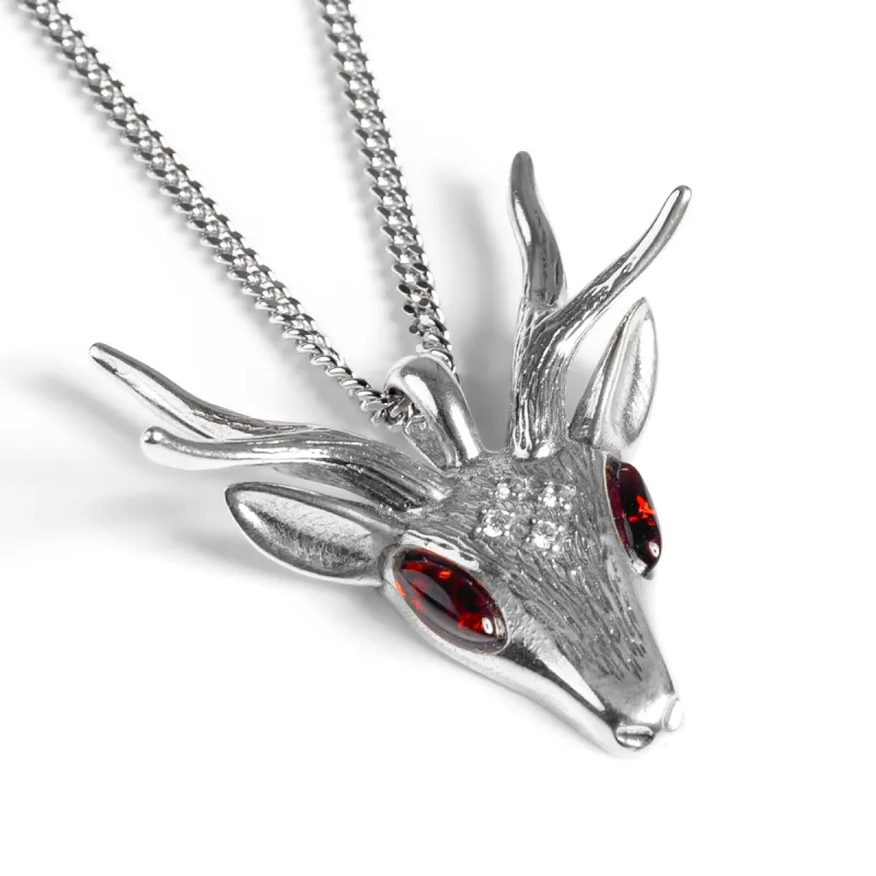 Large Stag Head Necklace in Silver and Amber sold by Henryka