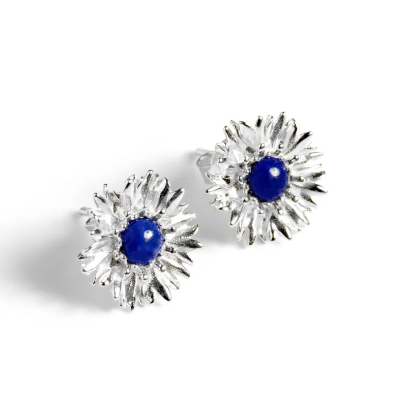 Cornflower Stud Earrings in Silver and Lapis Lazuli made by Henryka