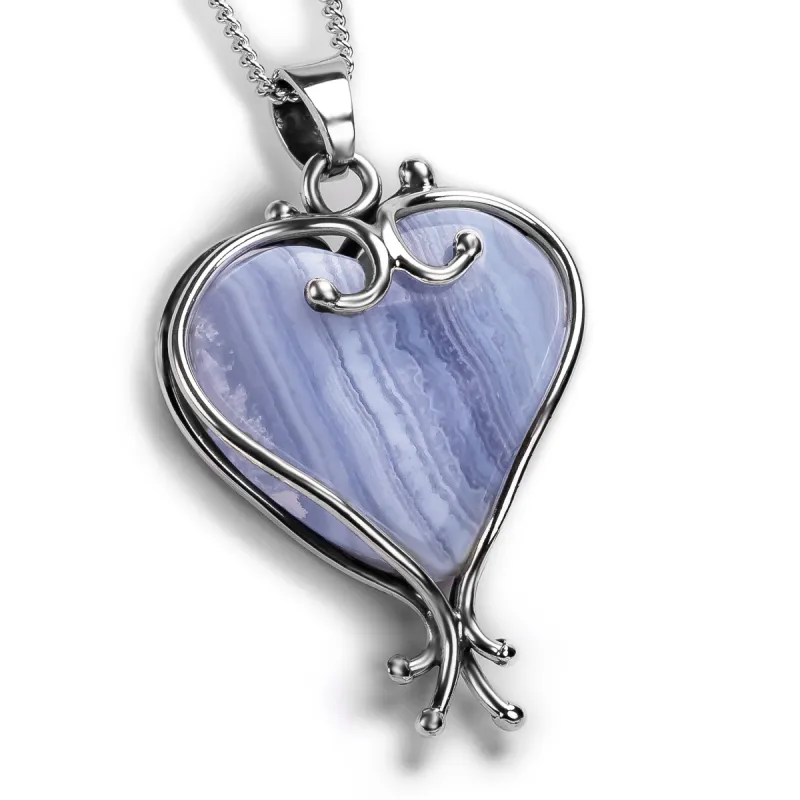 Heart Shape Baltic Blue Lace Agate & Silver Necklace - Natural Designer Gemstone sold by Henryka