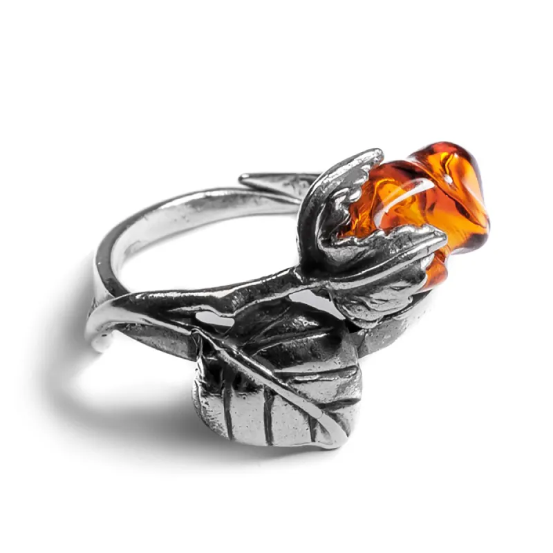English Rose Adjustable Ring in Silver and Amber sold by Henryka