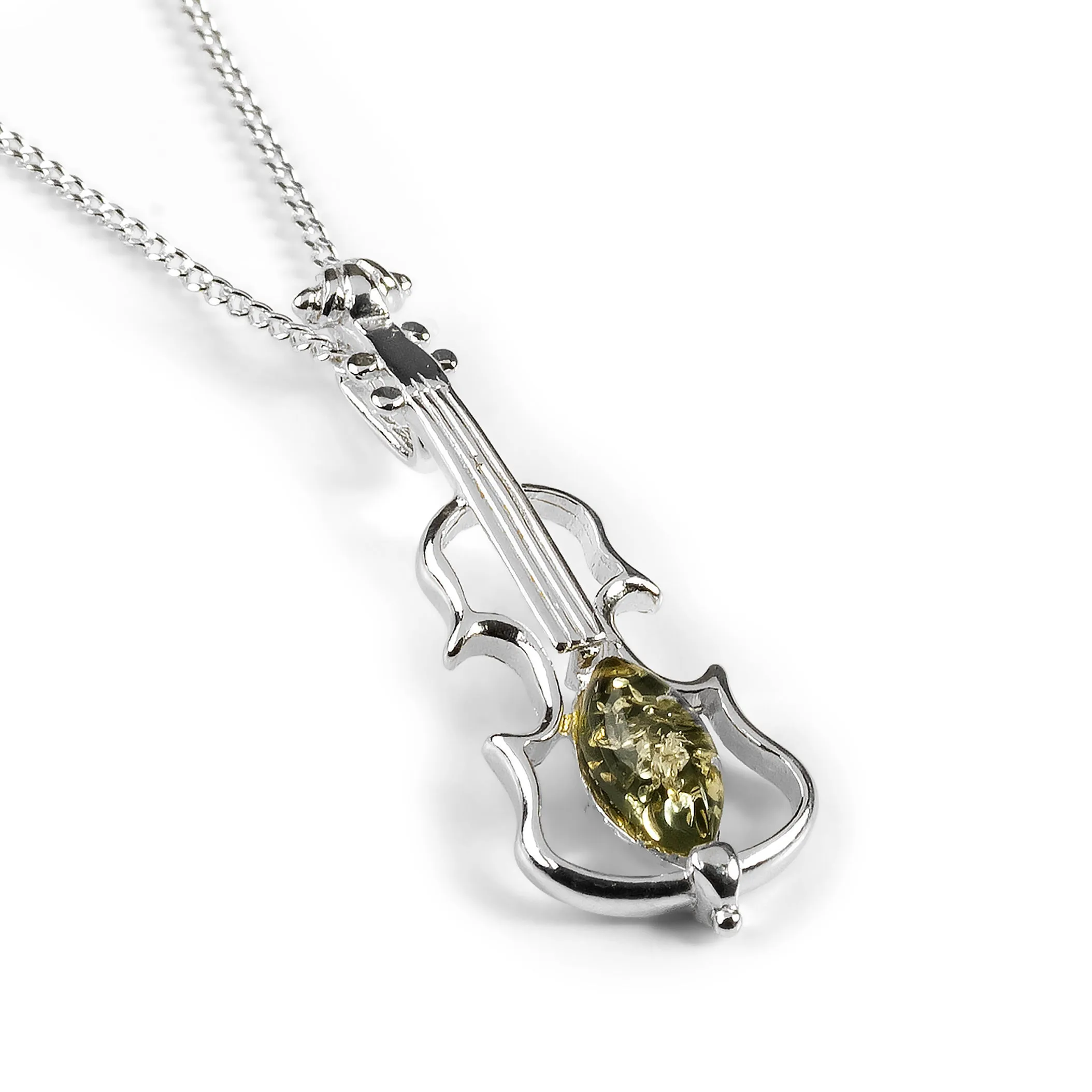 Music Violin Necklace in Silver and Green Amber sold by Henryka