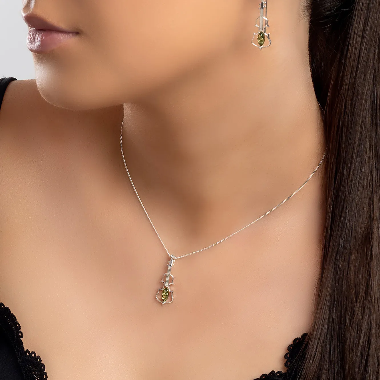Music Violin Necklace in Silver and Green Amber sold by Henryka product image thumbnail 2
