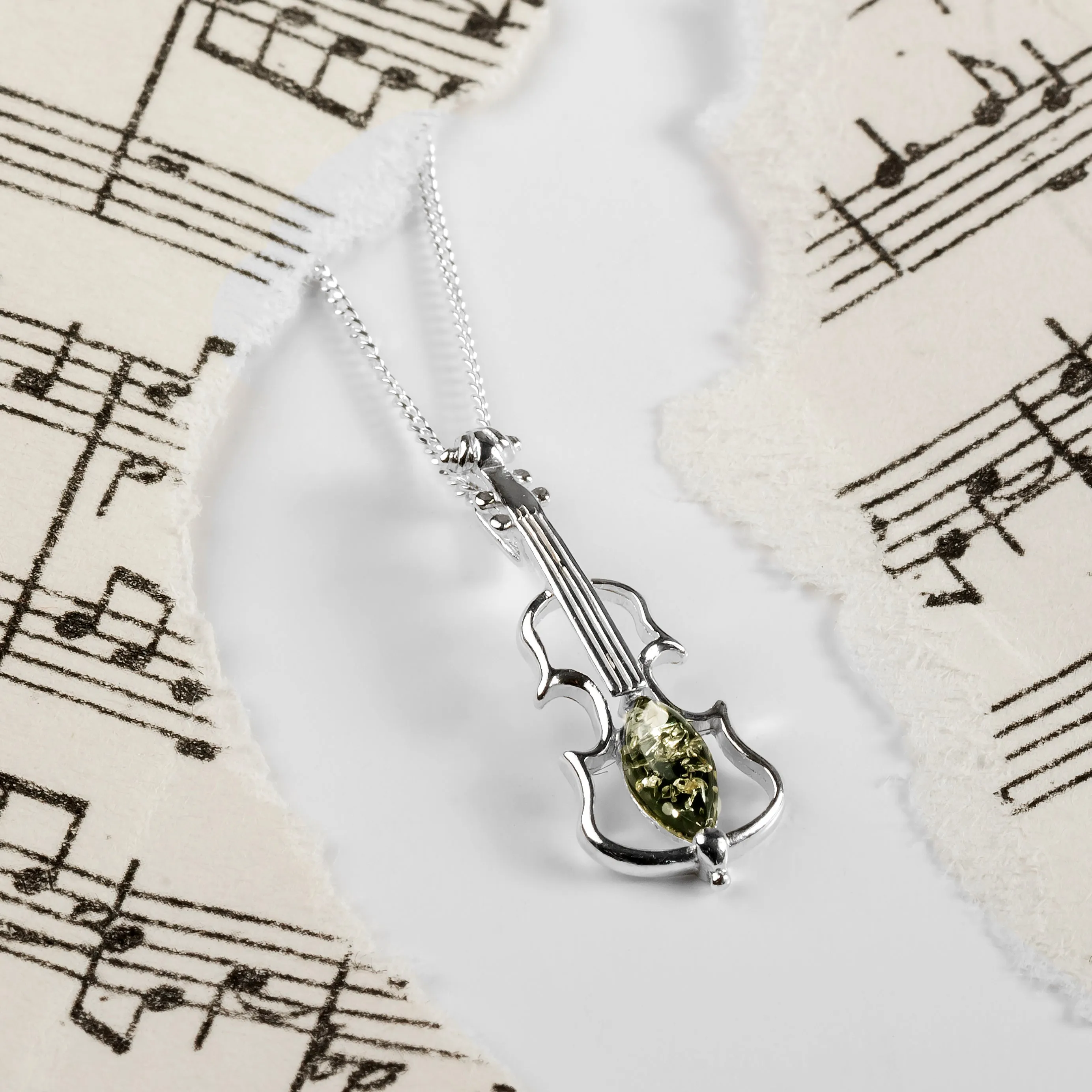 Music Violin Necklace in Silver and Green Amber sold by Henryka product image thumbnail 4