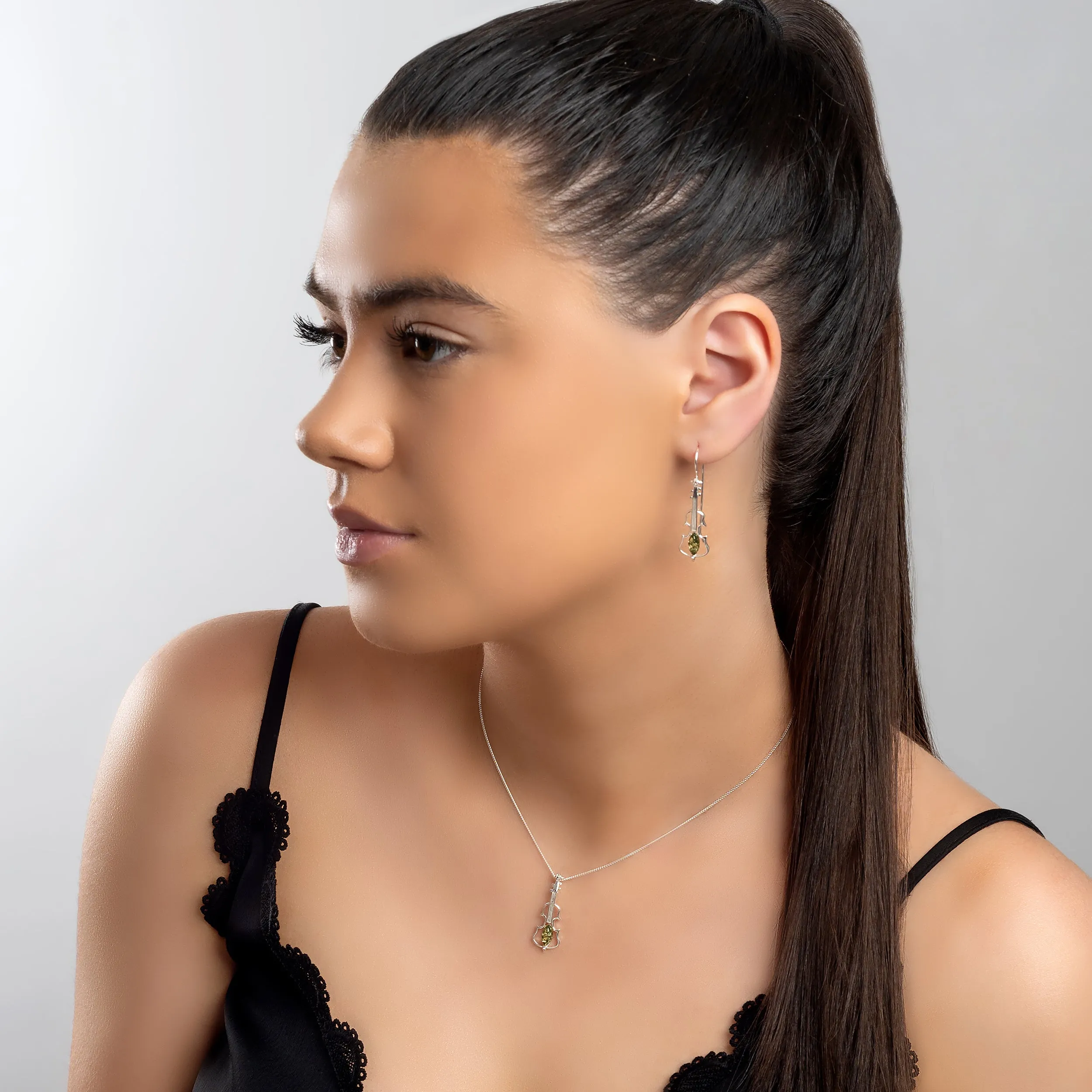 Music Violin Necklace in Silver and Green Amber sold by Henryka product image thumbnail 3