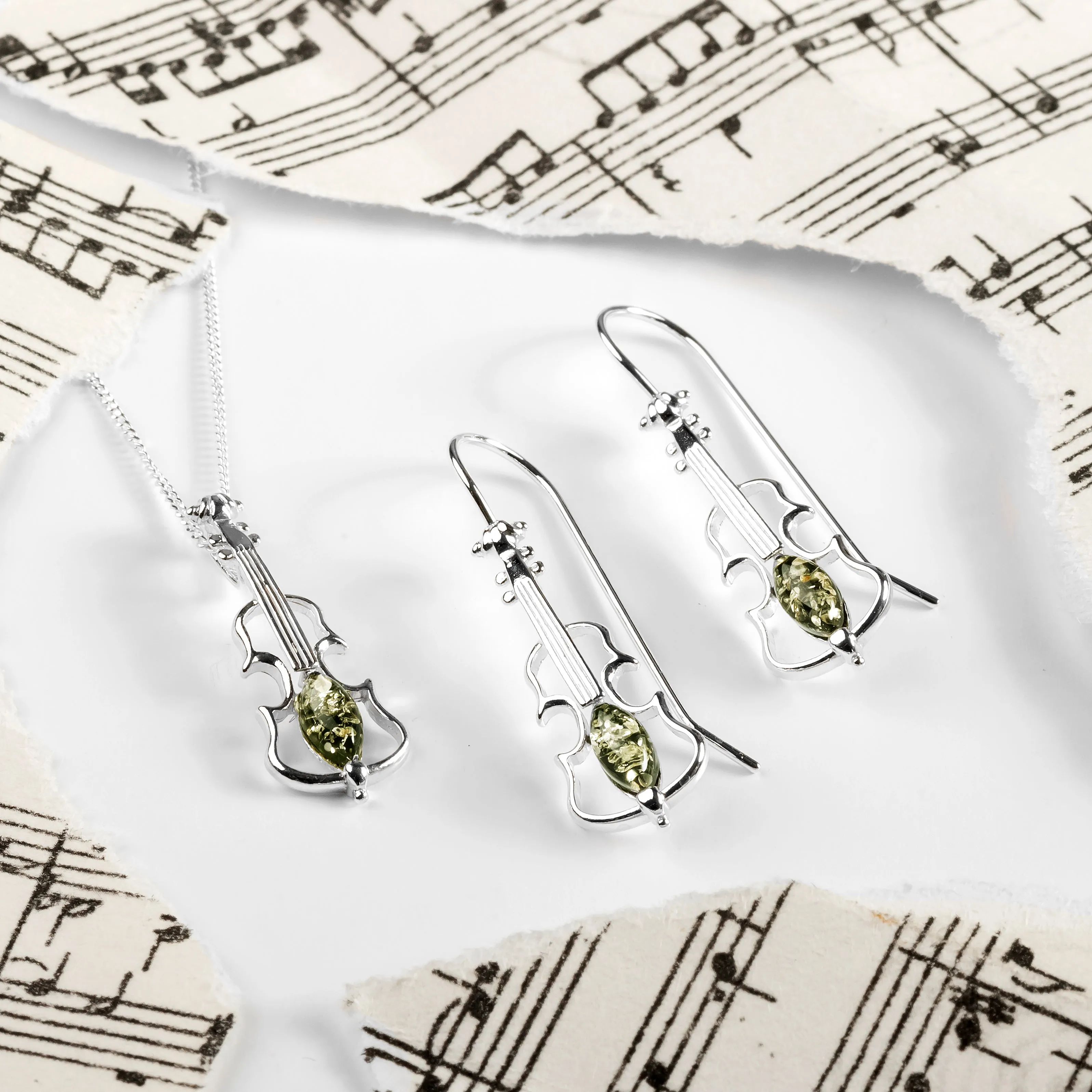 Music Violin Necklace in Silver and Green Amber sold by Henryka product image thumbnail 5
