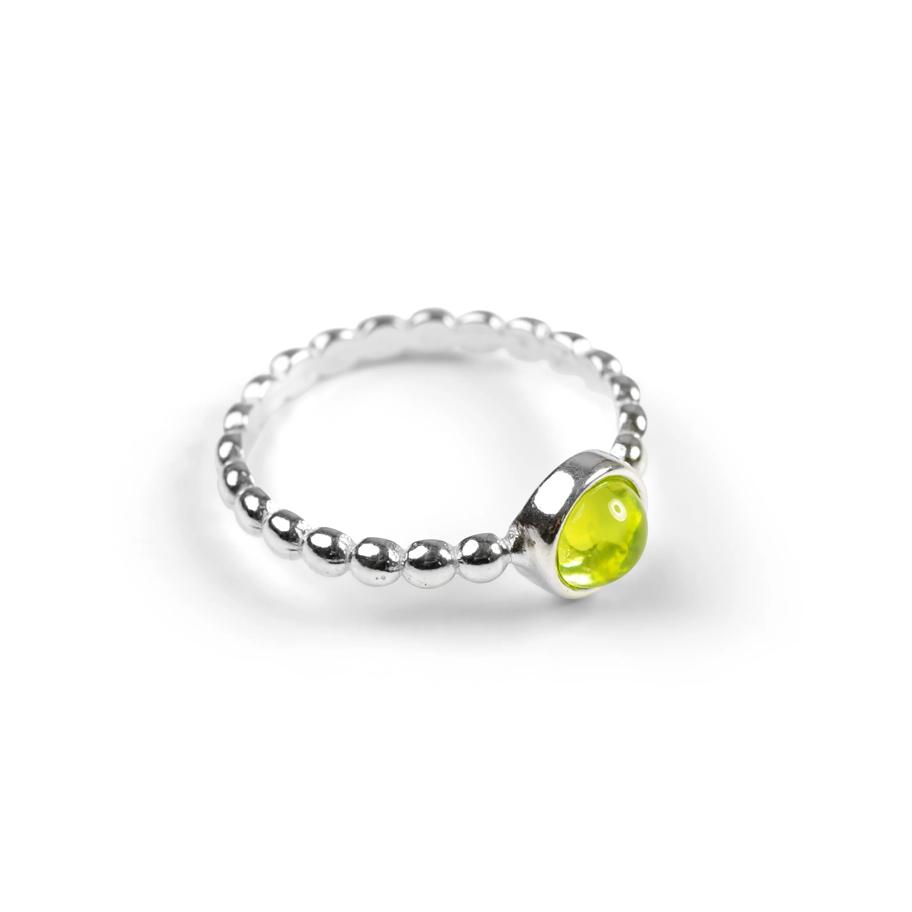 Round Charm Bead Ring in Silver and Peridot sold by Henryka