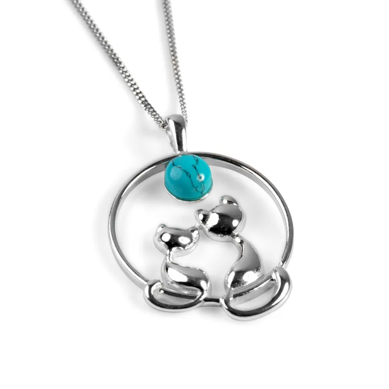 Cuddling Cats Necklace in Silver and Turquoise sold by Henryka