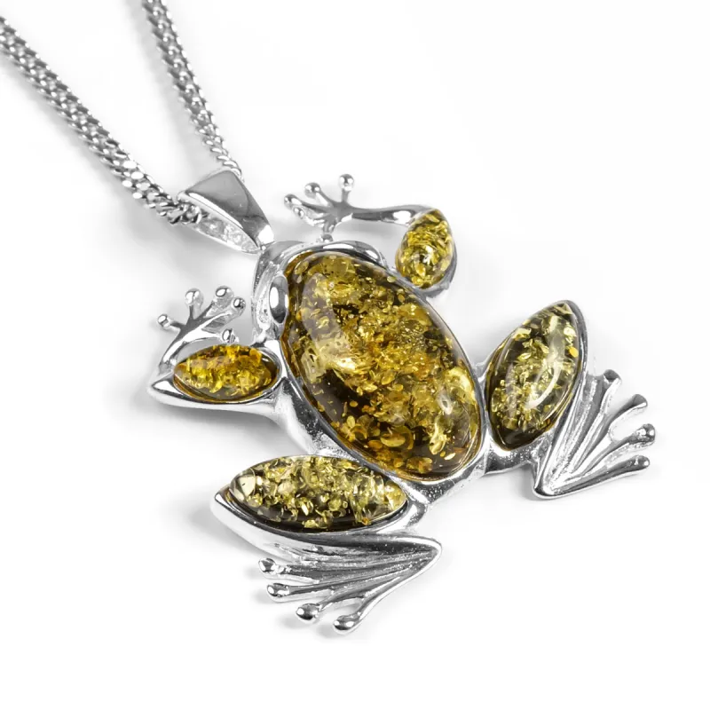 Frog Necklace in Silver and Green Amber sold by Henryka