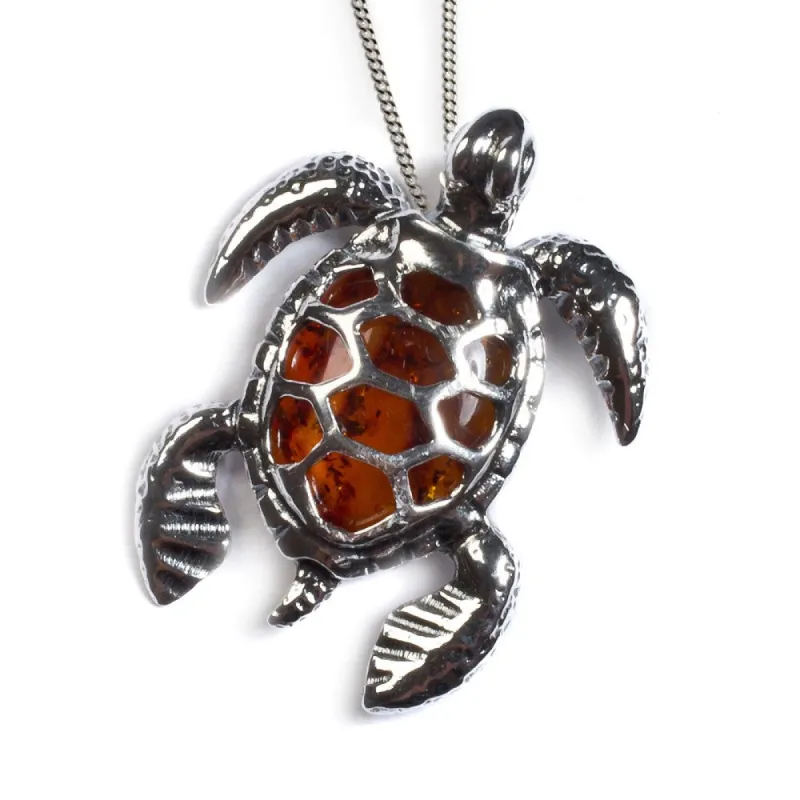 Sea Turtle / Tortoise Necklace in Silver and Cognac Amber sold by Henryka