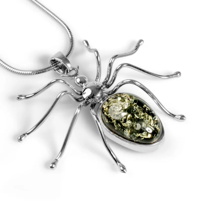 Handmade Spider Necklace in Silver and Green Amber sold by Henryka