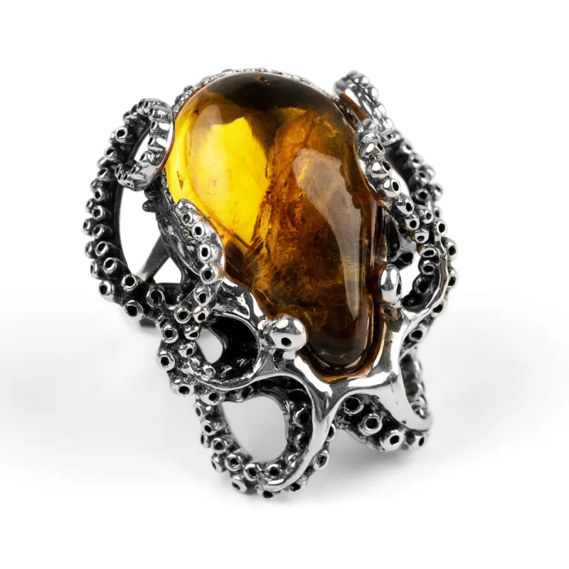 Handmade Striking Octopus Adjustable Ring in Silver & Amber sold by Henryka