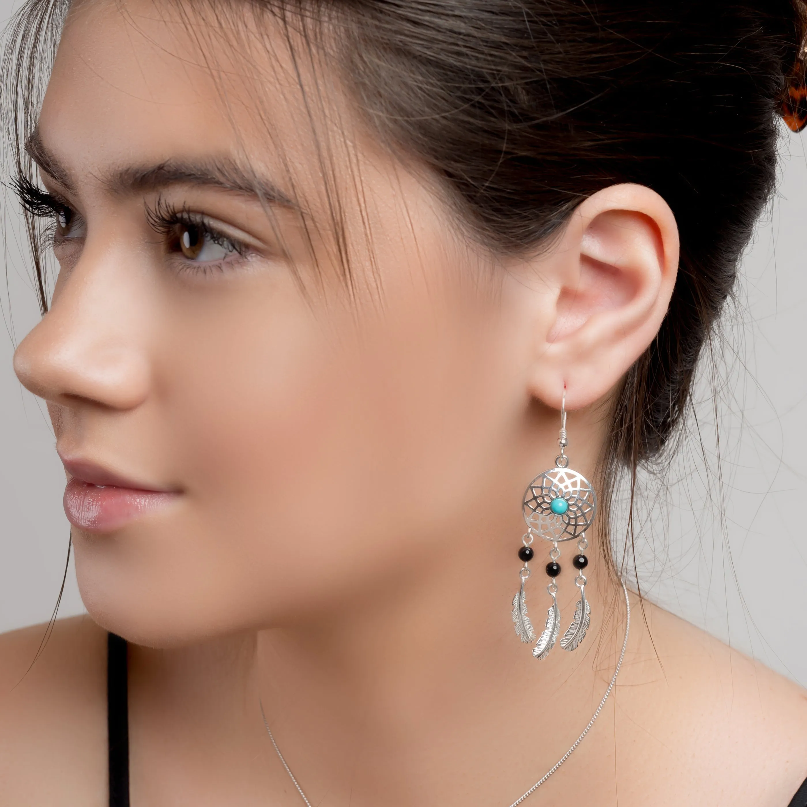 Dreamcatcher Drop Earrings in Silver, Turquoise and Onyx sold by Henryka product image thumbnail 2