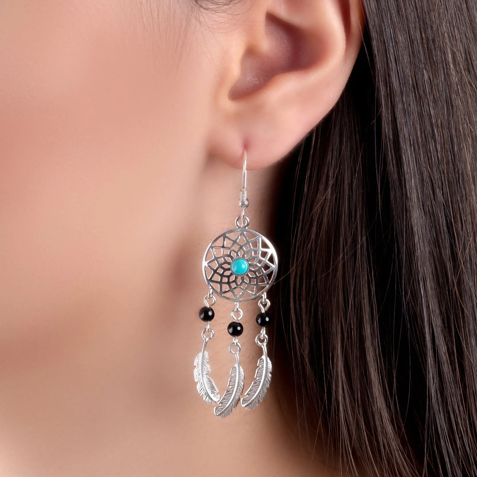 Dreamcatcher Drop Earrings in Silver, Turquoise and Onyx sold by Henryka product image thumbnail 5