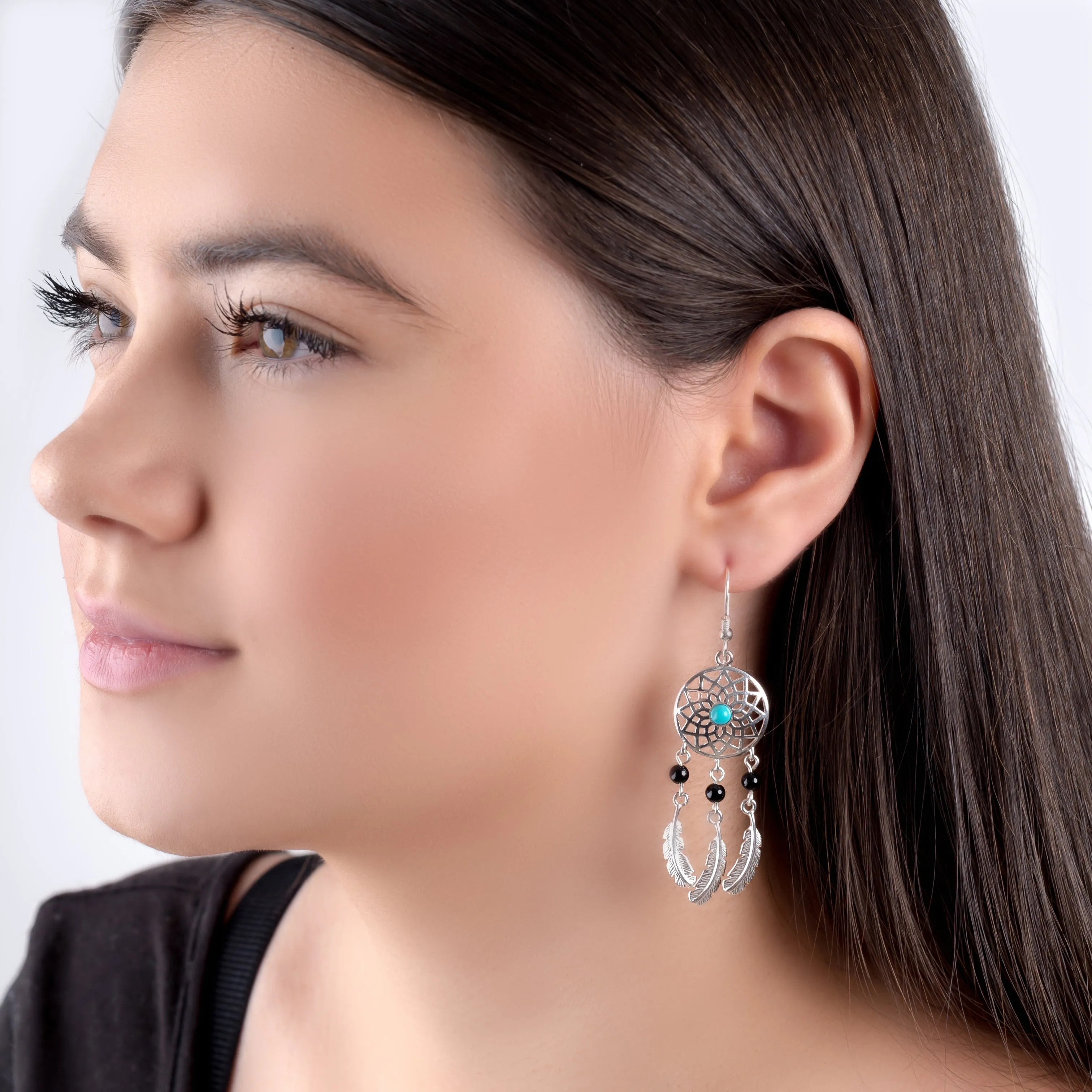 Dreamcatcher Drop Earrings in Silver, Turquoise and Onyx sold by Henryka product image thumbnail 4