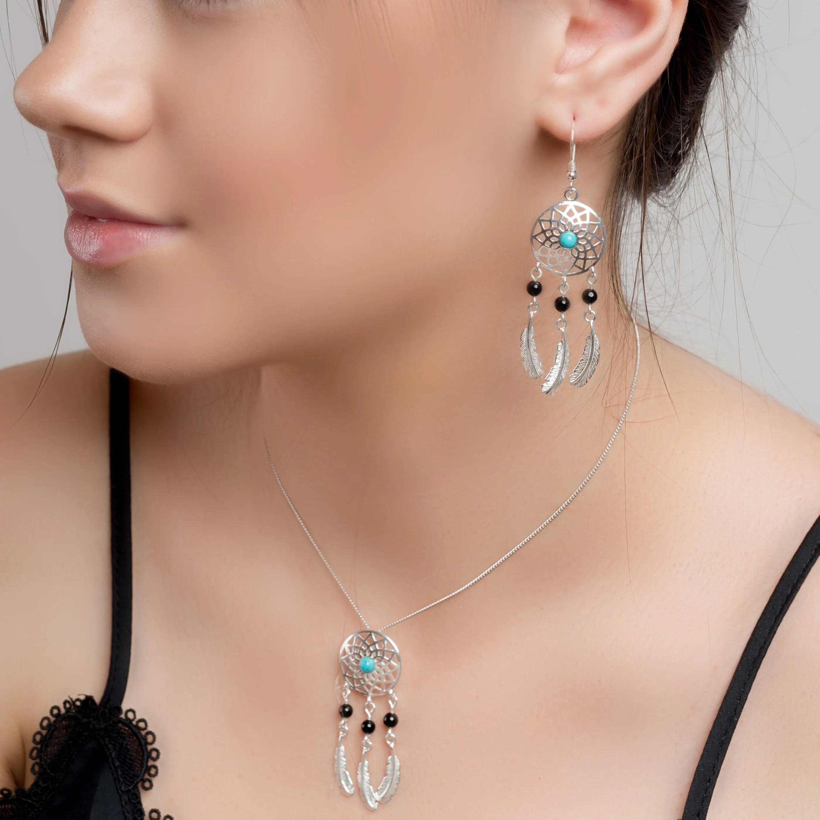 Dreamcatcher Drop Earrings in Silver, Turquoise and Onyx sold by Henryka product image thumbnail 3